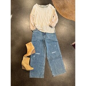 Wide Leg Distressed Jeans High Waist Light Wash Denim Casual Trousers